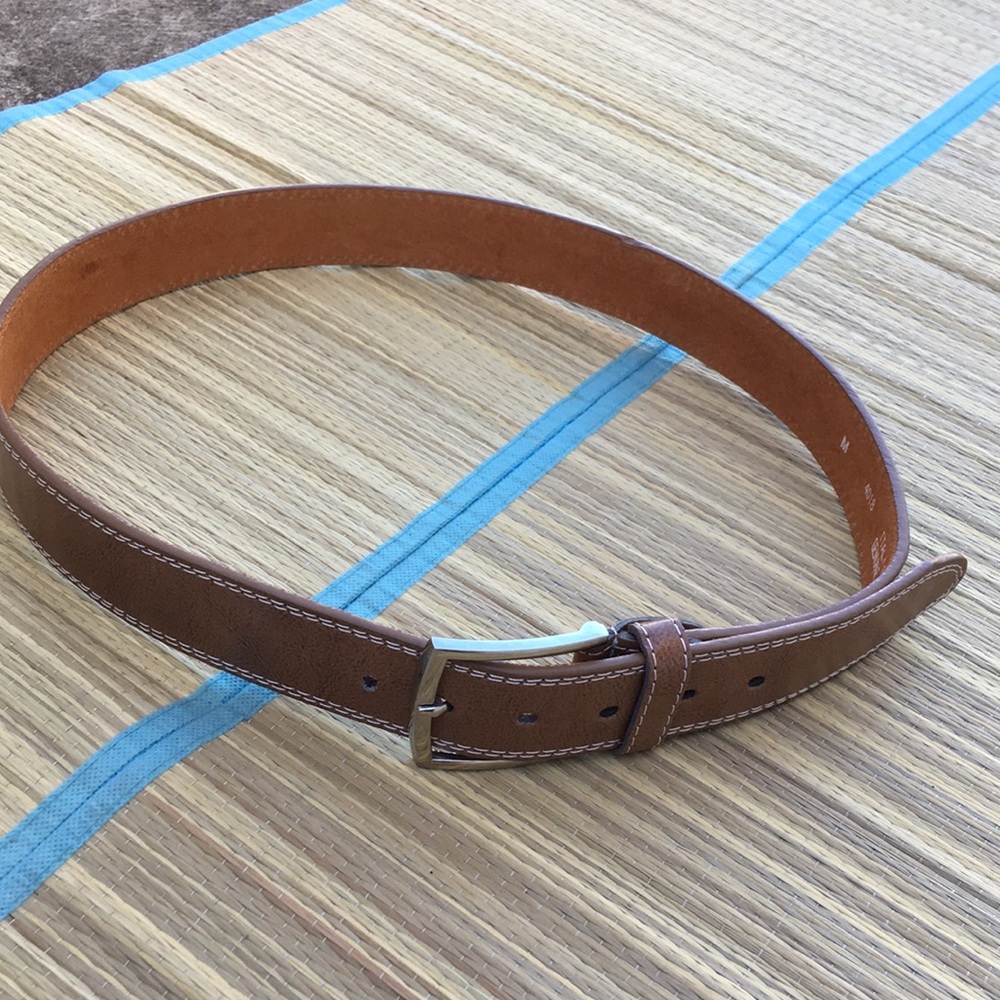 Italy Style Belt Leather Brown White Stitch Trim